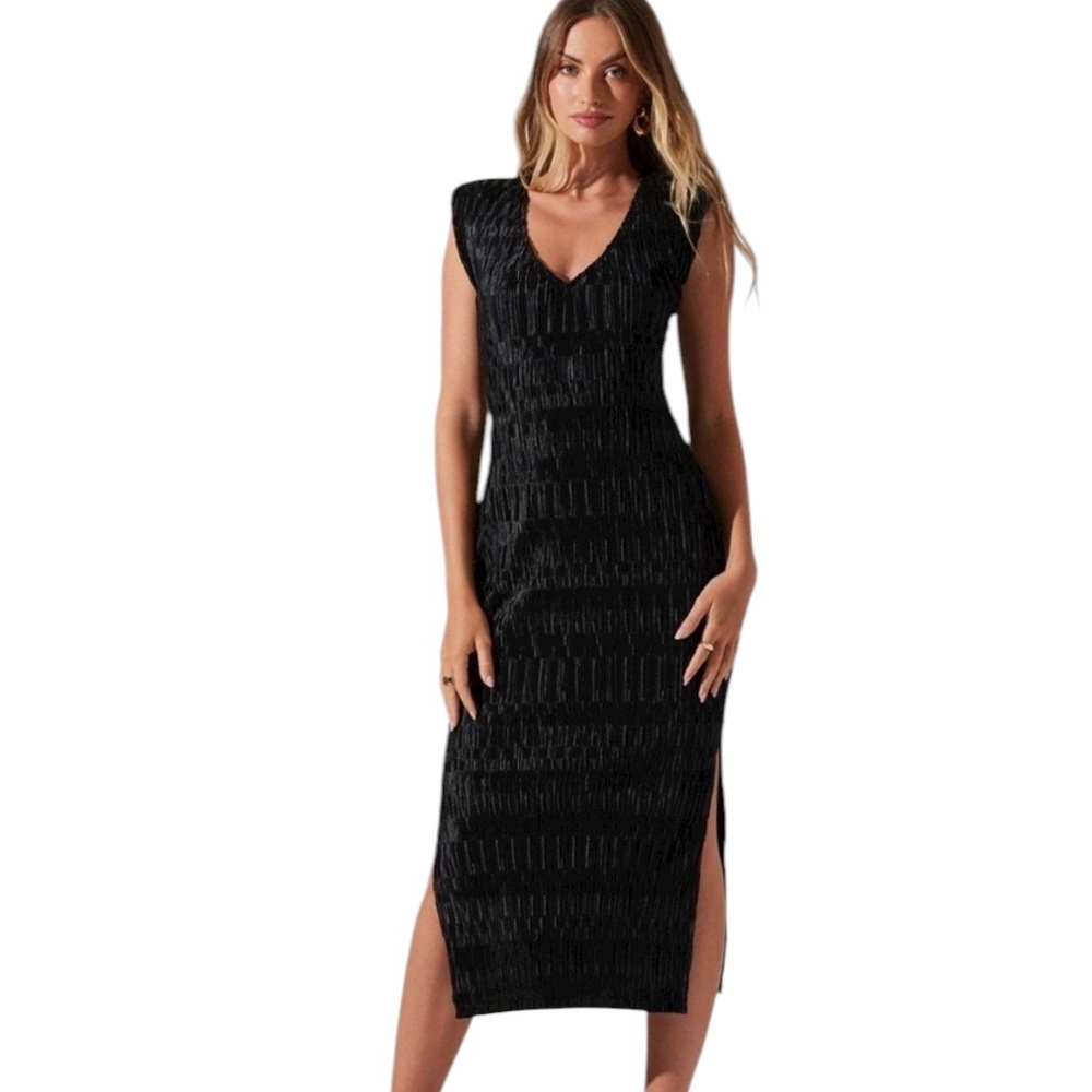 NEW ASTR the LABEL Nyah Satin Plissé Bodycon Dress Black Sz M - Picture 2 of 15